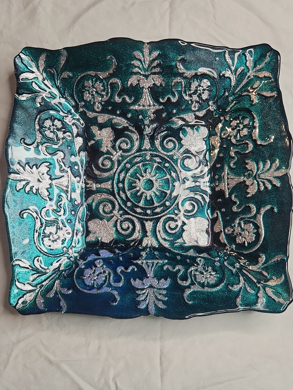 Arda Glassware Turkey Teal Silver Hand Painted Decorative Glass Square Bowl 12"